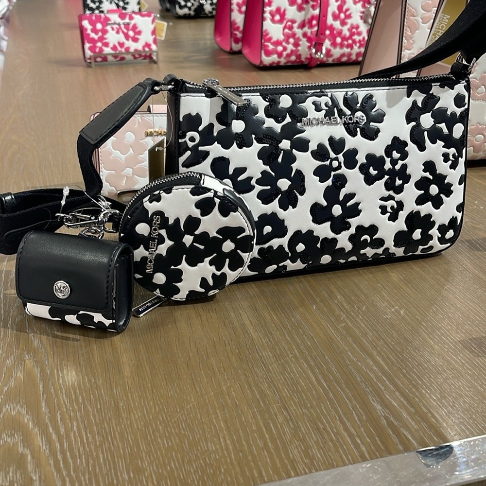 Michael Kors Jet Set Sm Sequined Floral Print Crossbody Case for Apple Airpods P - Picture 14 of 16